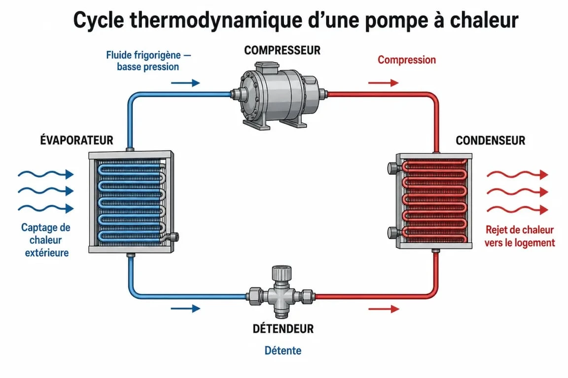Schéma explicatif du fonctionnement d'une pompe à chaleur : cycle du fluide frigorigène