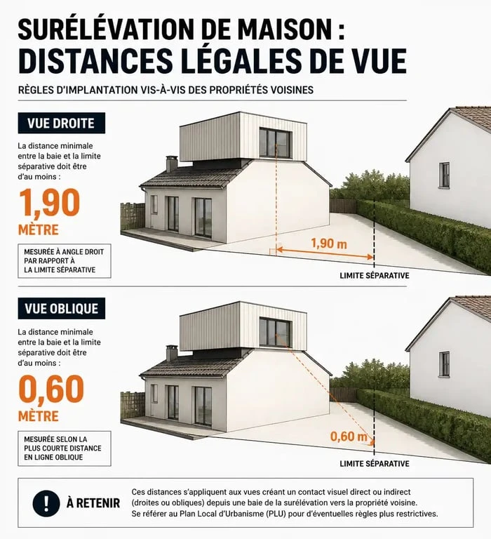 Schéma des distances légales de vue pour un projet de surélévation de maison et voisinage