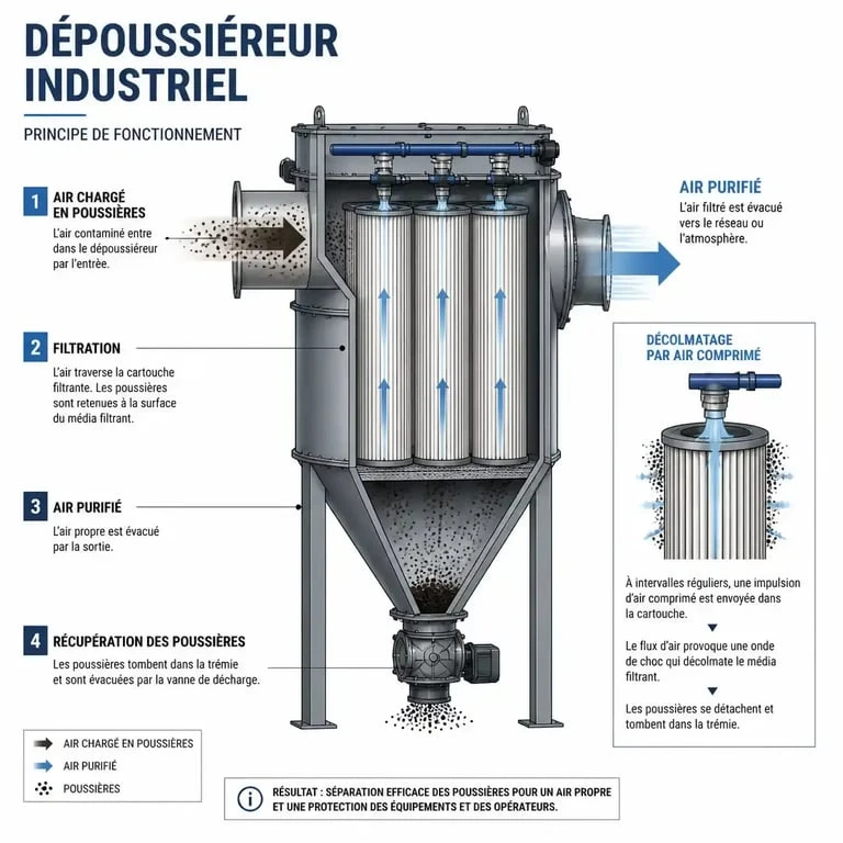Schéma de fonctionnement d'un dépoussiéreur industriel pour le traitement des poussières en usine