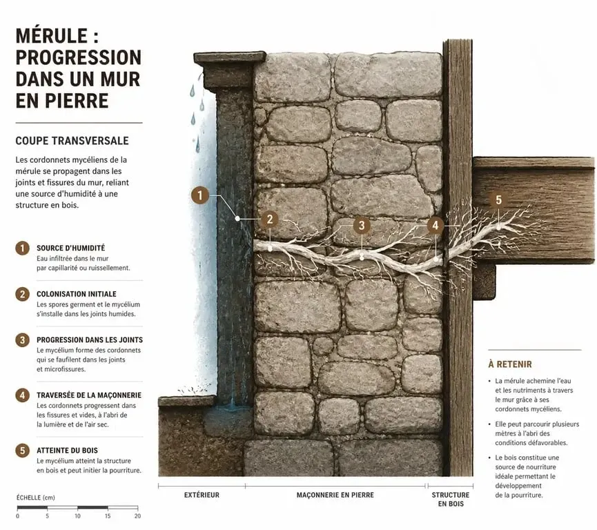 Schéma de propagation de la mérule dans un mur en pierre et maçonnerie