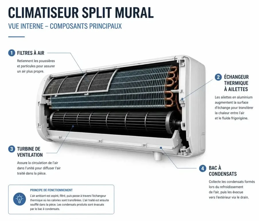 Schéma technique des composants d'un climatiseur pour le nettoyage et l'entretien