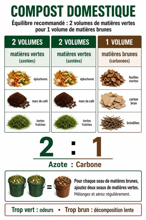 Infographie sur l'équilibre des matières dans un composteur pour réussir son compost
