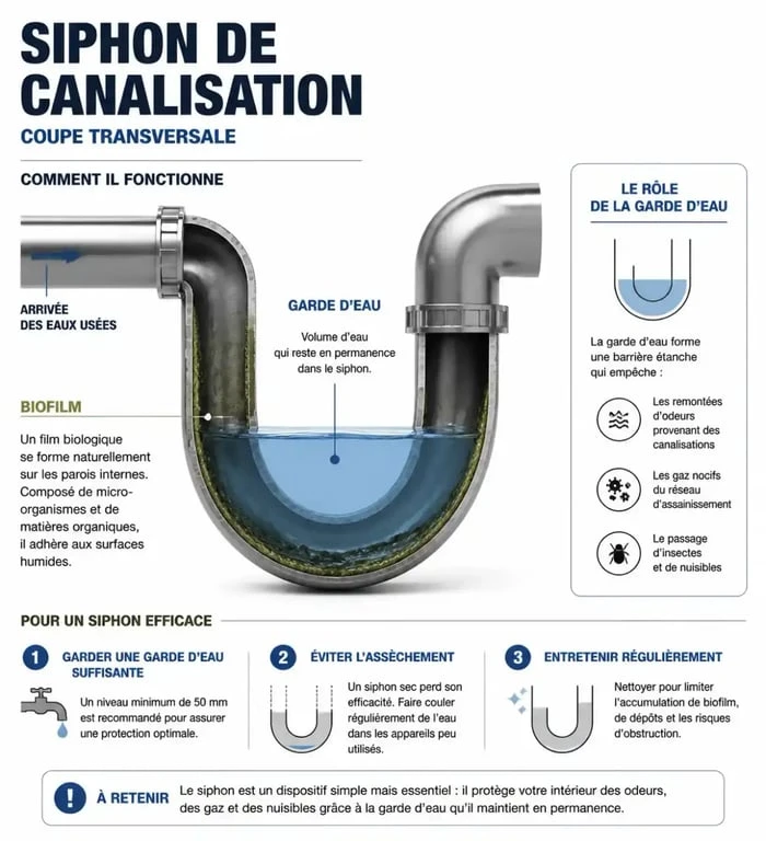 Schéma explicatif du fonctionnement d'un siphon et de la formation de biofilm, solution pour désodorisant canalisation