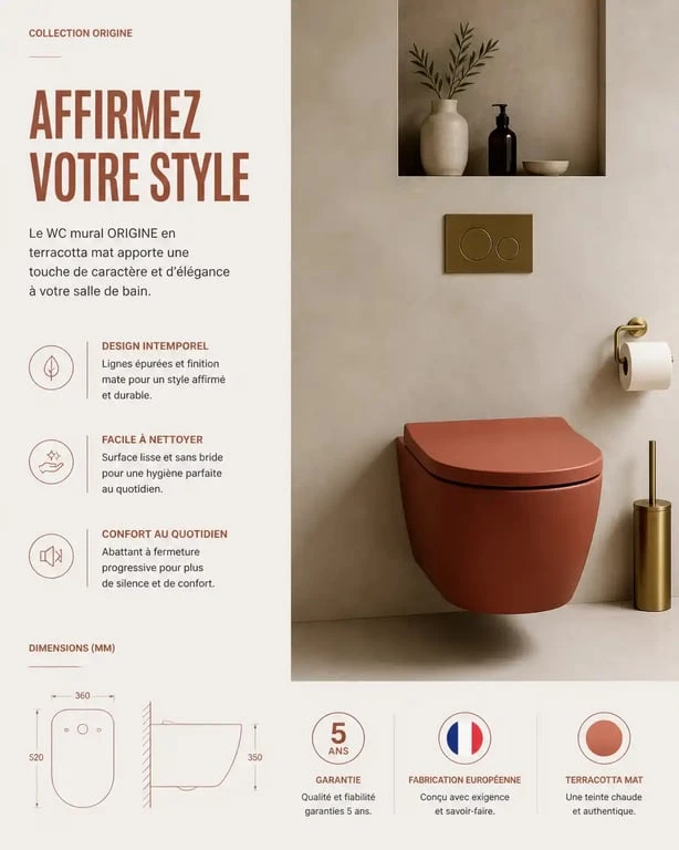 Toilette coloré design dans une salle de bain moderne avec des finitions en laiton