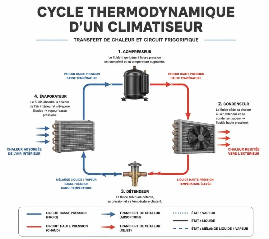 Schéma du fonctionnement thermodynamique d'un climatiseur expliquant la définition et le cycle de refroidissement