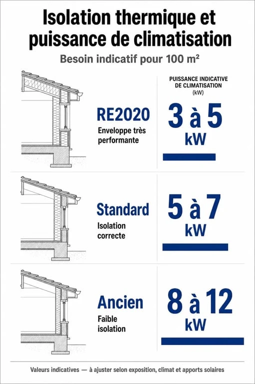 Infographie montrant la puissance de climatisation nécessaire pour 100m2 selon l'isolation thermique.