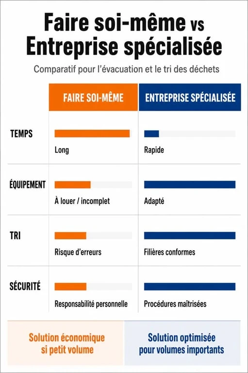 Infographie comparative : débarras par soi-même ou par une entreprise spécialisée pour un nettoyage efficace.
