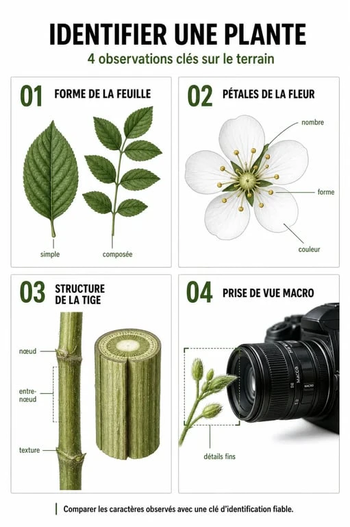 Infographie illustrant les étapes pour apprendre comment reconnaître une plante sauvage