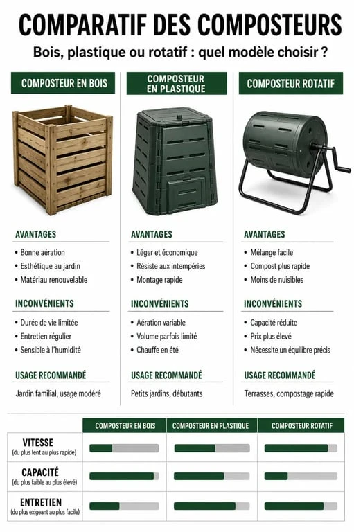 Comparatif des différents types de composteurs de jardin : bois, plastique et rotatif