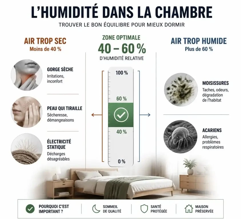 Infographie sur le taux d'humidité idéal dans une chambre pour éviter les problèmes de santé et d'habitat