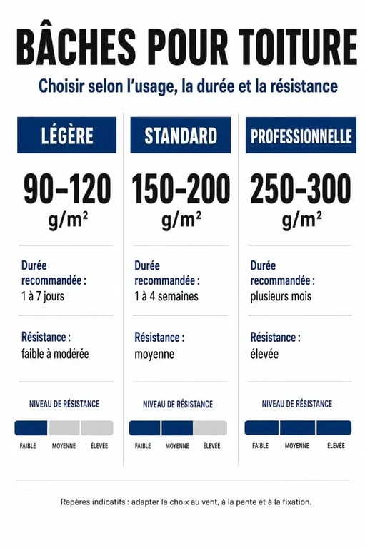 Infographie comparative des types de bâches pour toiture selon le grammage et l'usage