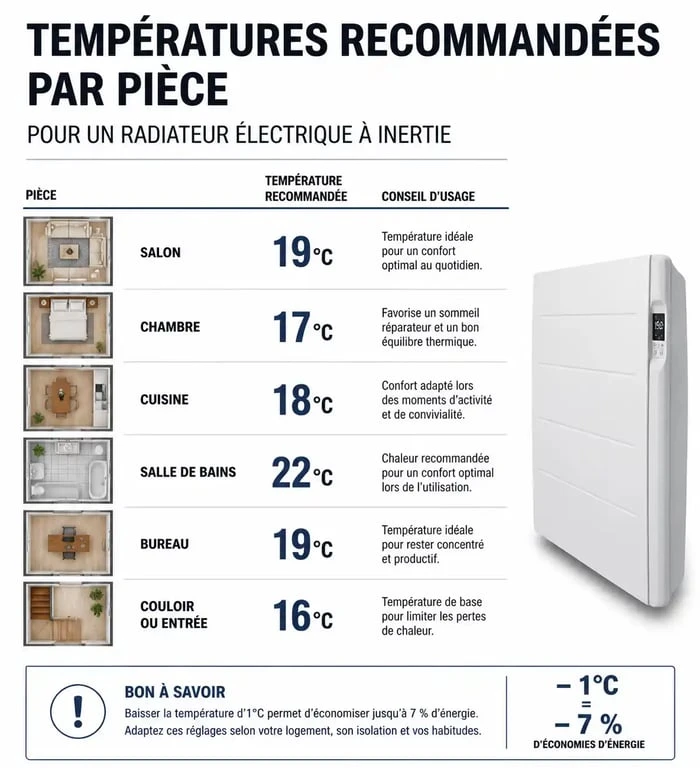 Tableau des températures recommandées par pièce pour régler un radiateur électrique à inertie