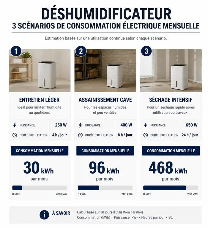 Infographie montrant la consommation électrique et le coût mensuel d'un déshumidificateur selon différents profils d'usage