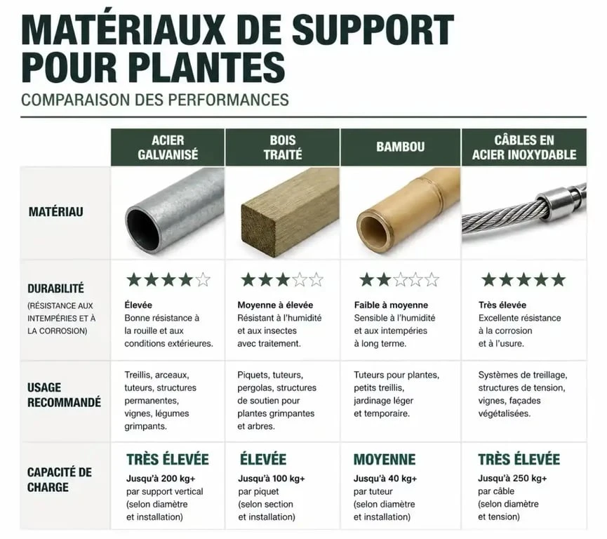 Tableau comparatif des matériaux pour support plante grimpante : acier, bois, bambou et câbles inox.