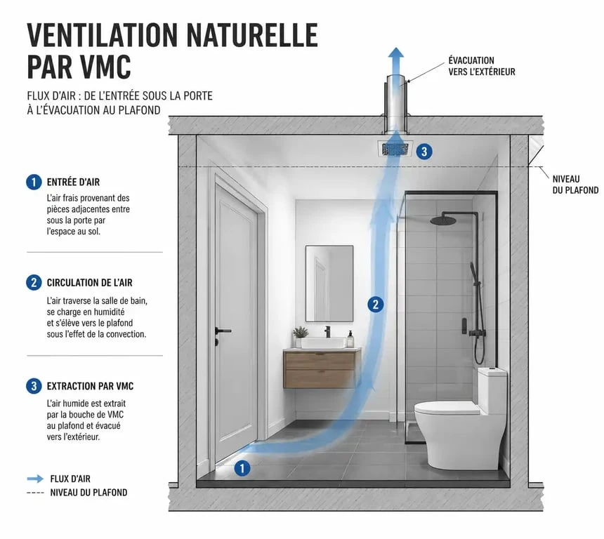 Schéma de fonctionnement d'une VMC dans une salle de bain avec circulation d'air