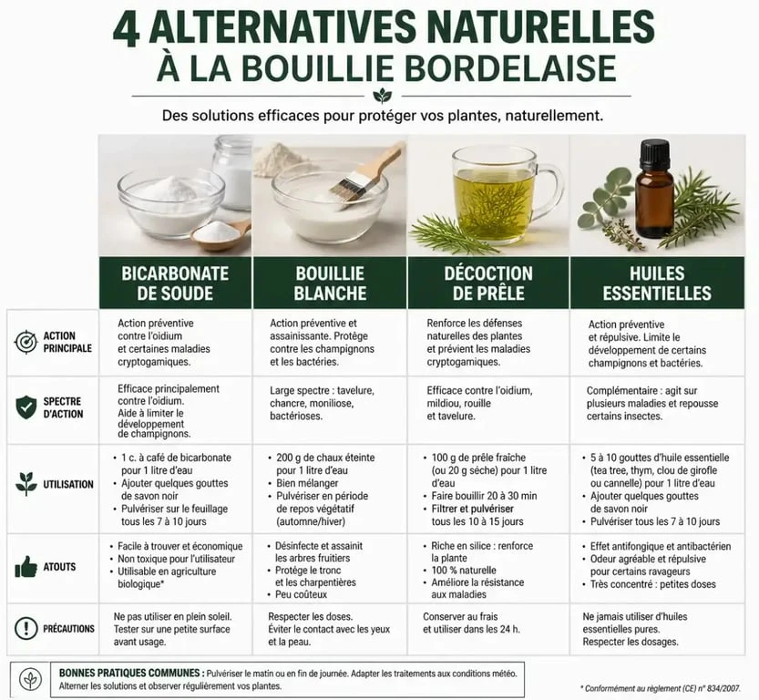 Infographie comparative des alternatives naturelles à la bouillie bordelaise pour le jardin