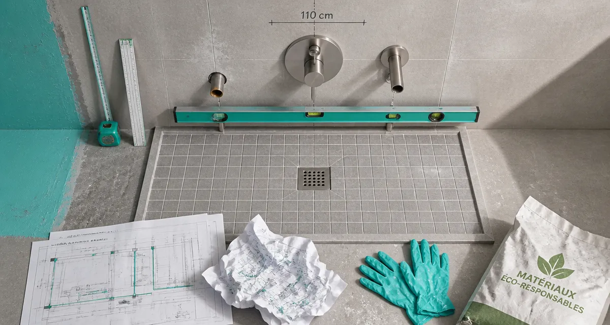Hauteur mitigeur douche : repère 110 cm sur mur