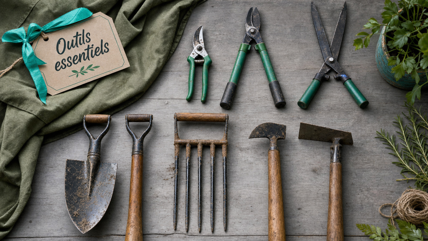 Photo d’outils de jardinage essentiels pour entretenir le jardin (bêche, fourche-bêche, grelinette, sécateur)