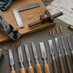 Outils pour menuisier sur établi : rabot, équerre, trusquin et affûtage