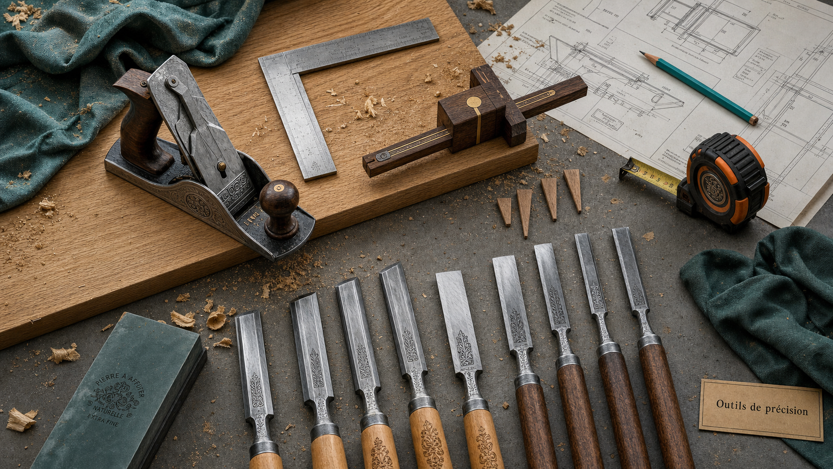 Outils pour menuisier sur établi : rabot, équerre, trusquin et affûtage