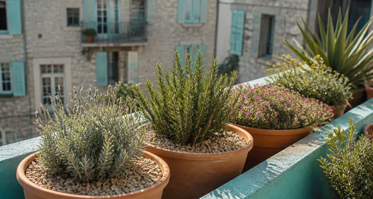 Plantes plein soleil sans arrosage sur balcon en terre cuite