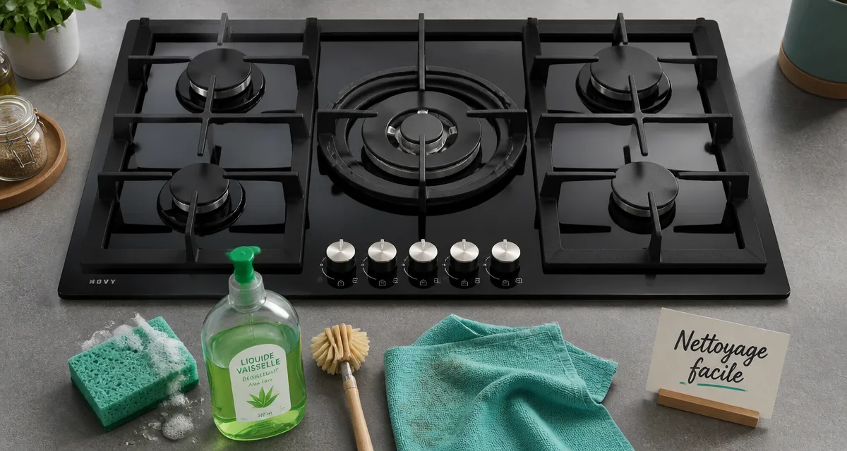 Plaque de cuisson gaz 5 feux facile à nettoyer, surface en verre et fonte propre