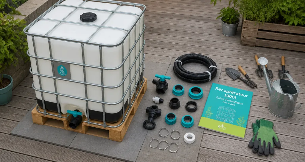 récupérateur d'eau 1000L sur terrasse avec kit
