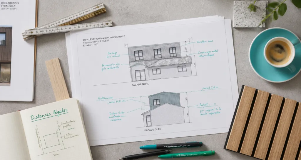 plans surélévation maison et voisinage sur bureau architecte