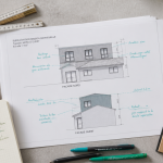 plans surélévation maison et voisinage sur bureau architecte