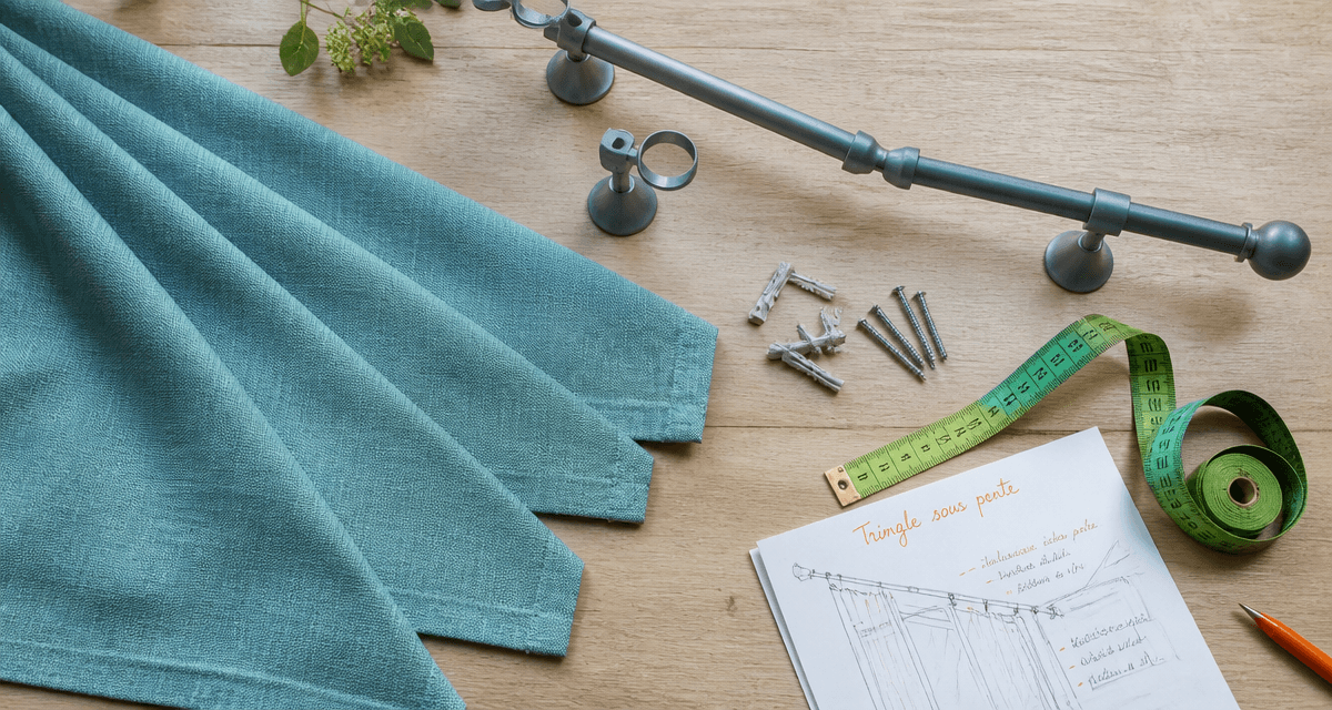Tringle rideau sous pente, supports et rideau en lin turquoise