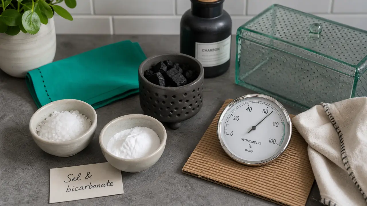 Absorbeur d'humidité naturel : sel, bicarbonate et charbon avec hygromètre