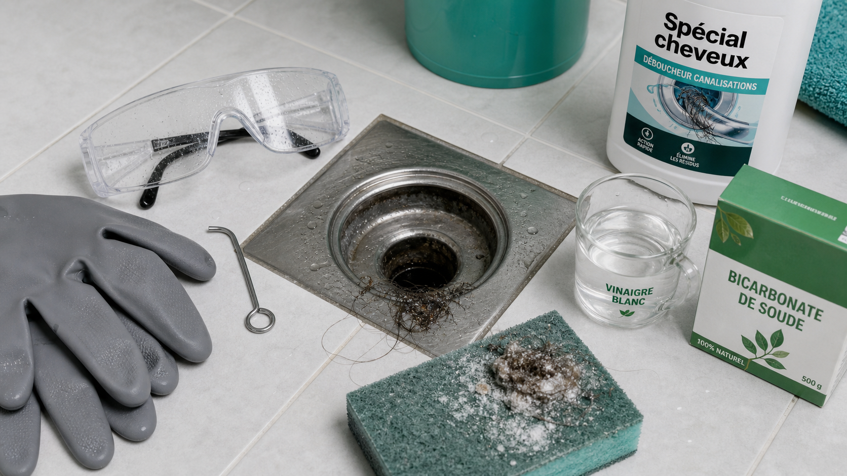 Déboucher douche produit : cheveux, soude, bicarbonate