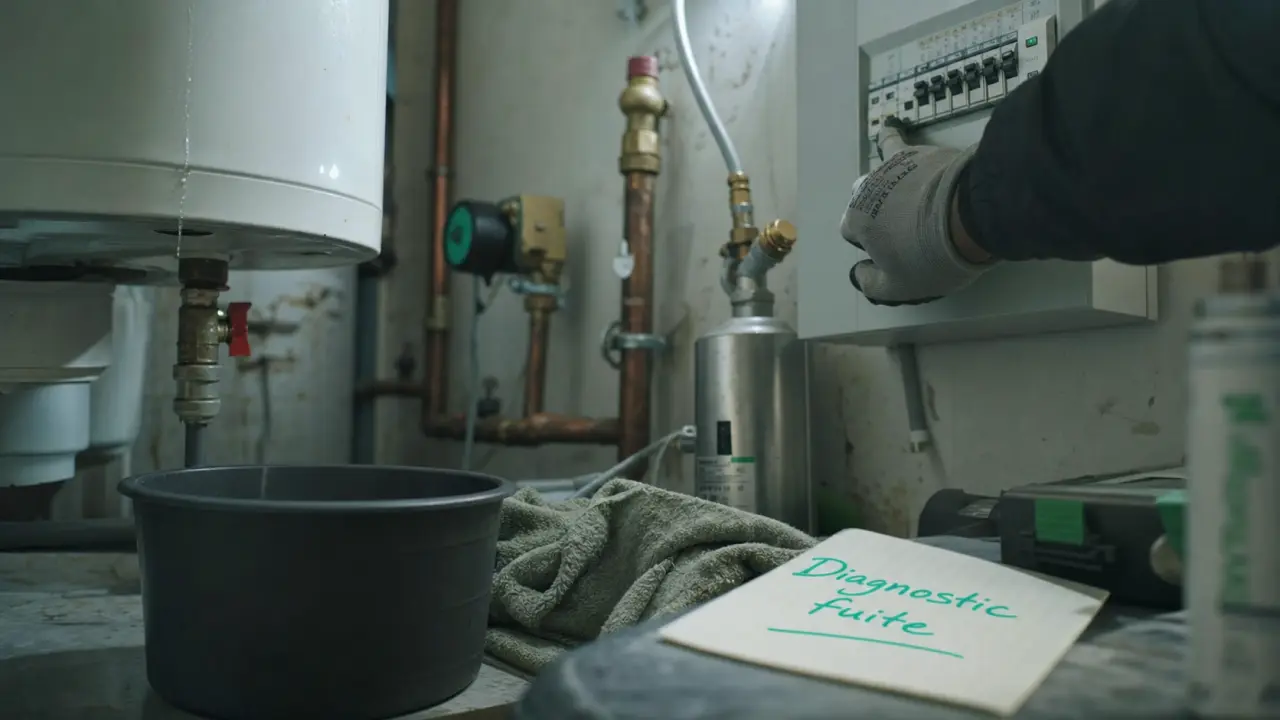 depannage chauffe eau : fuite visible et disjoncteur en action