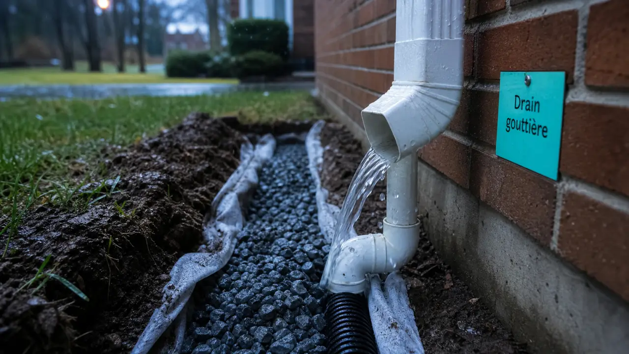 Drainage eau de pluie gouttière vers puisard, tuyau drain et raccords