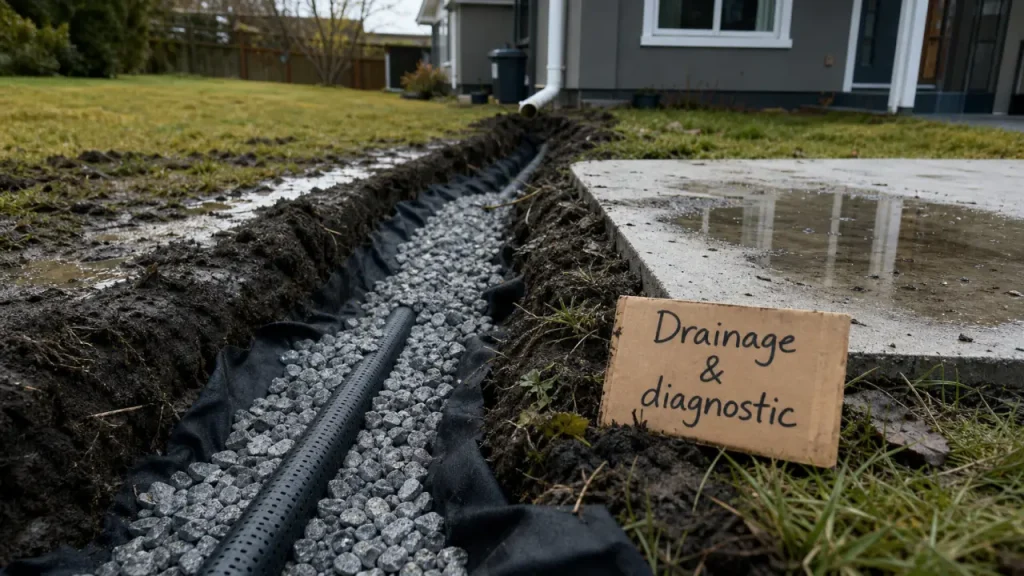 Tranchée pour drainer un terrain gorgé d'eau, gravier et tuyau perforé