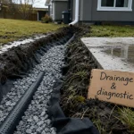 Tranchée pour drainer un terrain gorgé d'eau, gravier et tuyau perforé