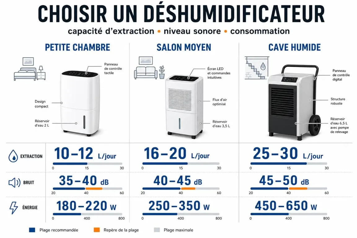 Test déshumidificateur que choisir : infographie comparative pour choisir selon la surface, le bruit et la capacité