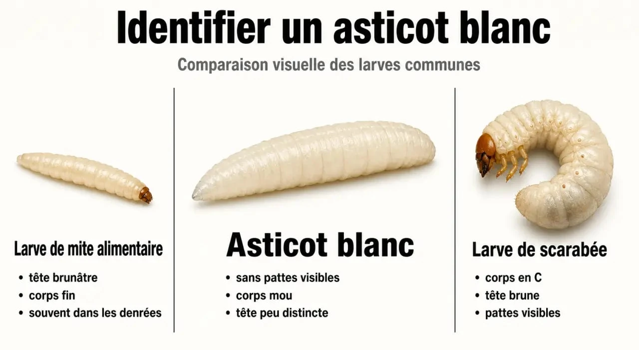 Asticot blanc comparé à d’autres larves blanches pour l’identification