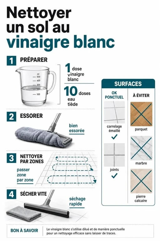 Laver les sols au vinaigre blanc : dilution 1:10, étapes de nettoyage et surfaces compatibles