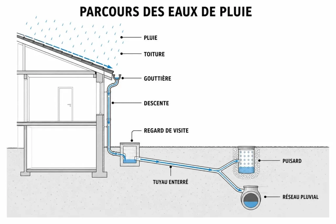 Schéma du drainage eau de pluie gouttière autour de la maison