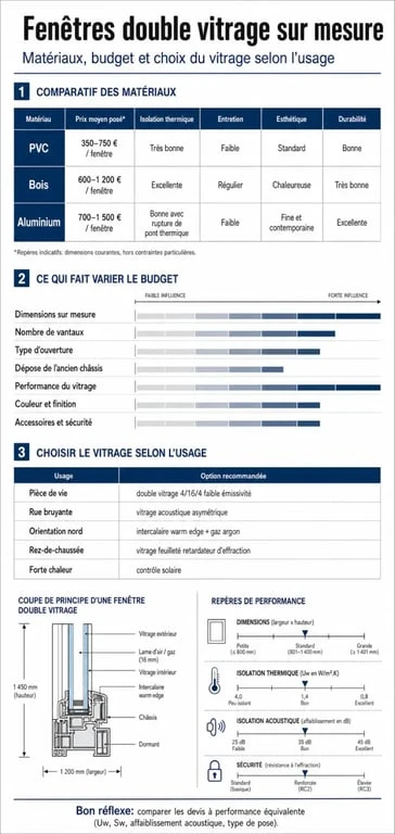 Fenetre double vitrage sur mesure : infographie comparant PVC, bois et aluminium, avec prix et options