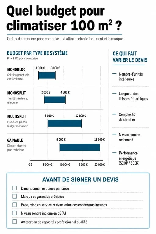 Prix climatisation maison 100m2 : infographie des budgets par système et des facteurs de coût
