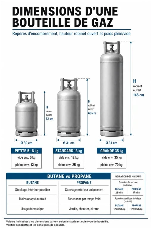 Infographie des dimensions d’une bouteille de gaz avec comparaison butane et propane