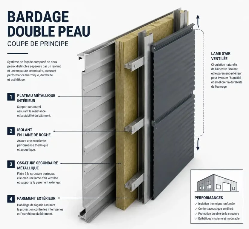 Schéma technique d'un bardage double peau montrant la composition des couches isolantes et métalliques pour le bardage double peau.