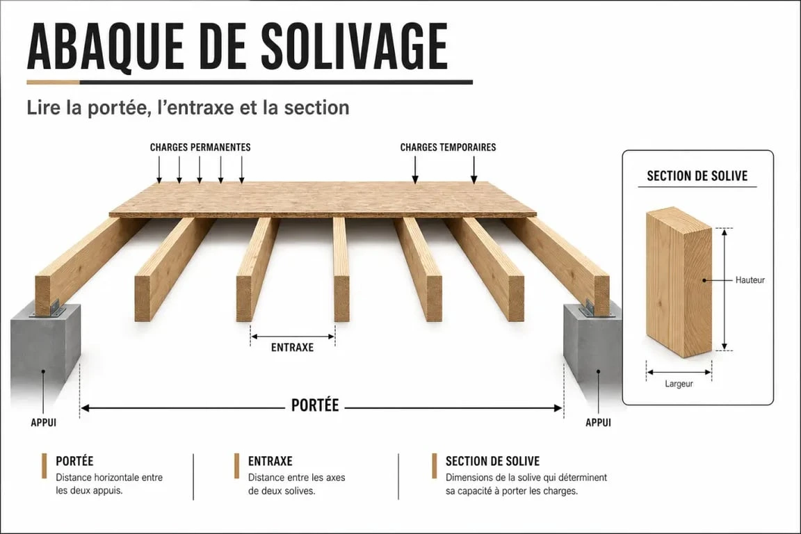 Abaque solivage illustré avec portée, entraxe et section d’une solive