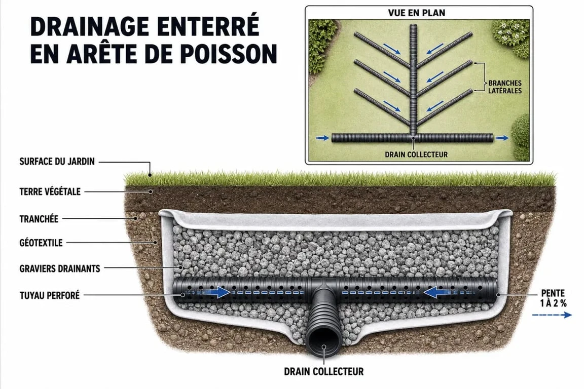 Schéma explicatif pour drainer un terrain gorgé d'eau avec un système de drainage enterré.