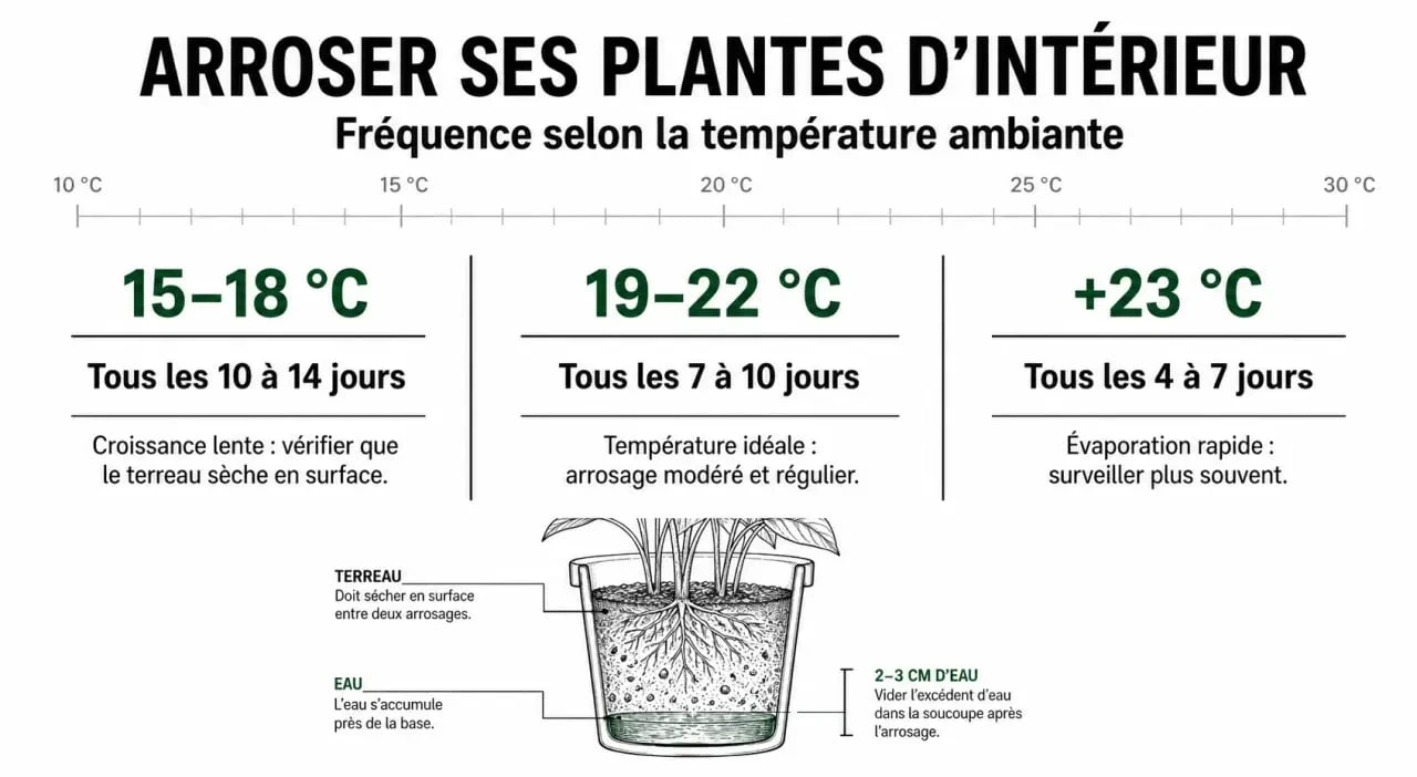 Infographie sur la fréquence d'arrosage des plantes d'intérieur selon la température ambiante pour savoir comment arroser ses plantes d'intérieur.