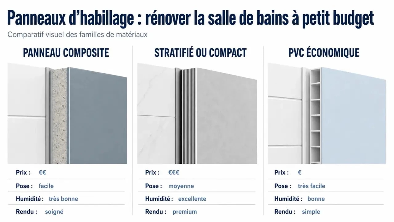 Panneaux d'habillage pour rénover sa salle de bains pas cher : comparaison éditoriale des matériaux et des prix