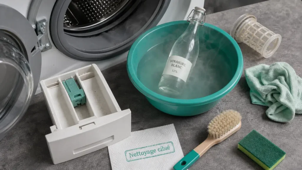 Lave linge mauvaise odeur : joint et filtre nettoyés, cycle 90°C
