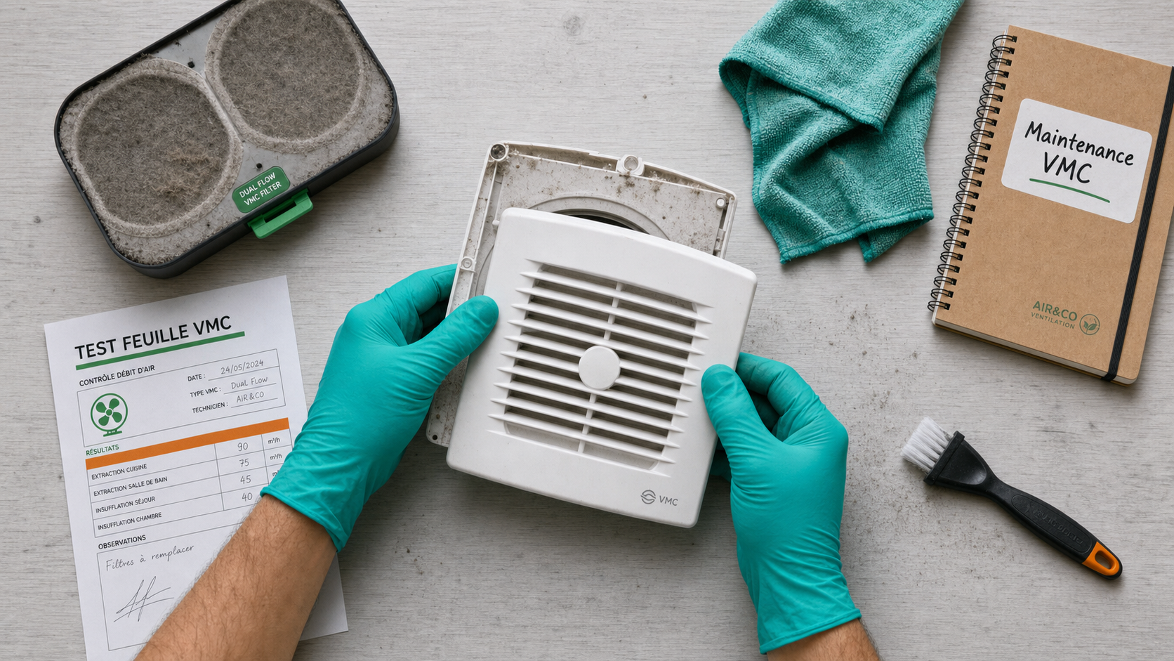 Maintenance VMC : technicien nettoie une bouche et un filtre pour éviter l’humidité